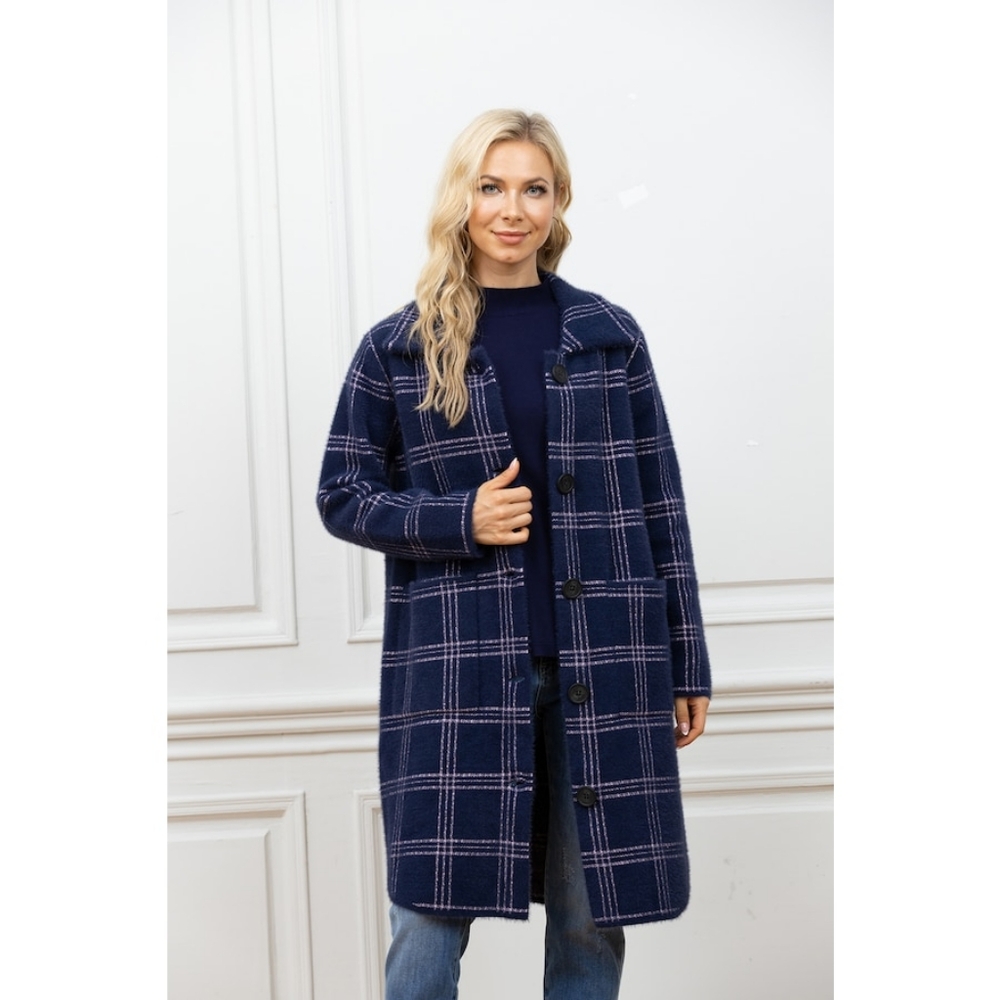 Elegant Navy Checkered Women's Pea Coat